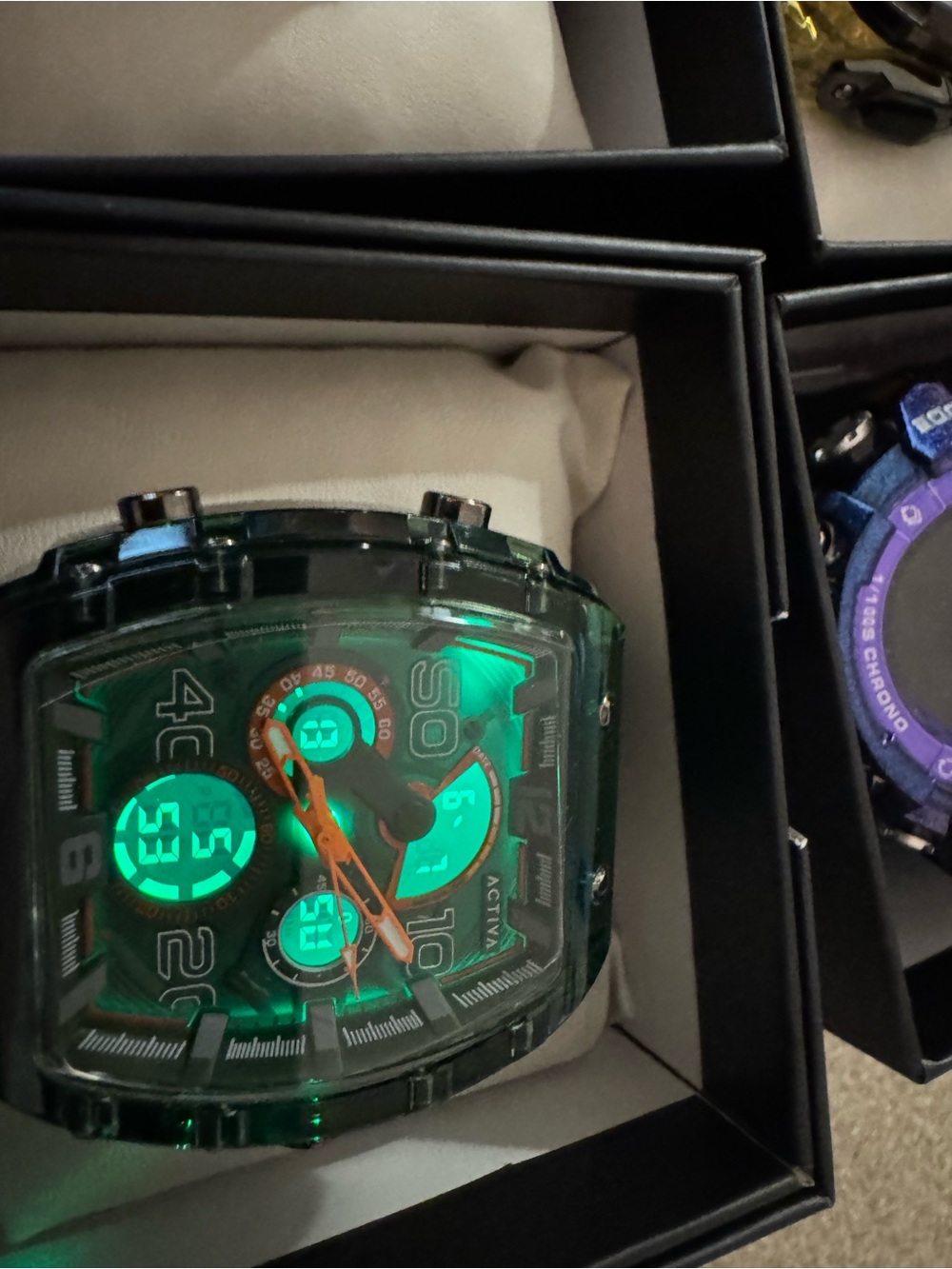 Active USA Green LED Dual-Dial Sports Watch with Orange Hands